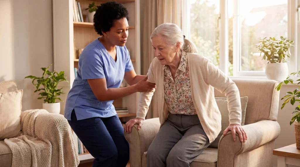 Live-in caregiver helping a senior woman stand up from her chair