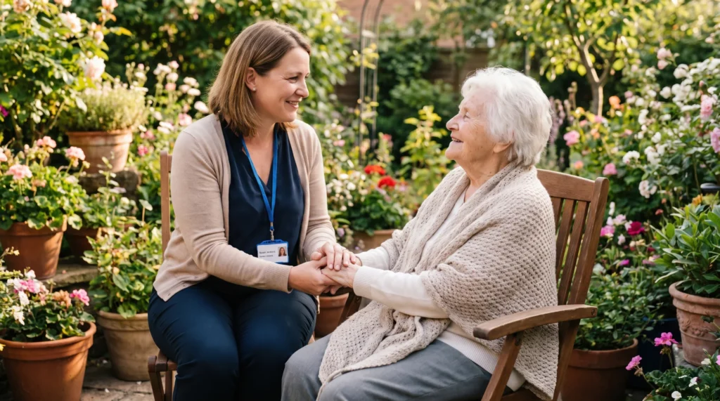 Companion caregiver holding hands with a senior in the garden