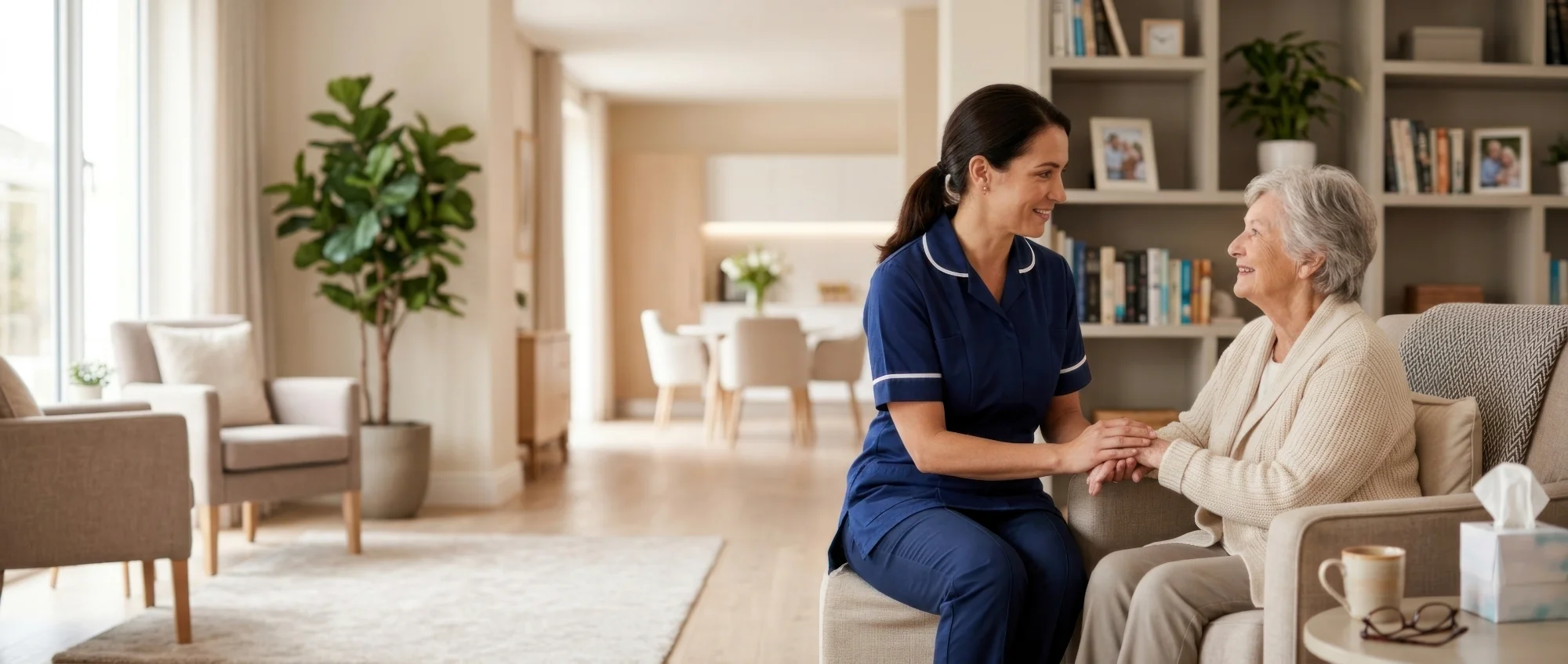 Caregiver holding hands with a senior client in a bright living room