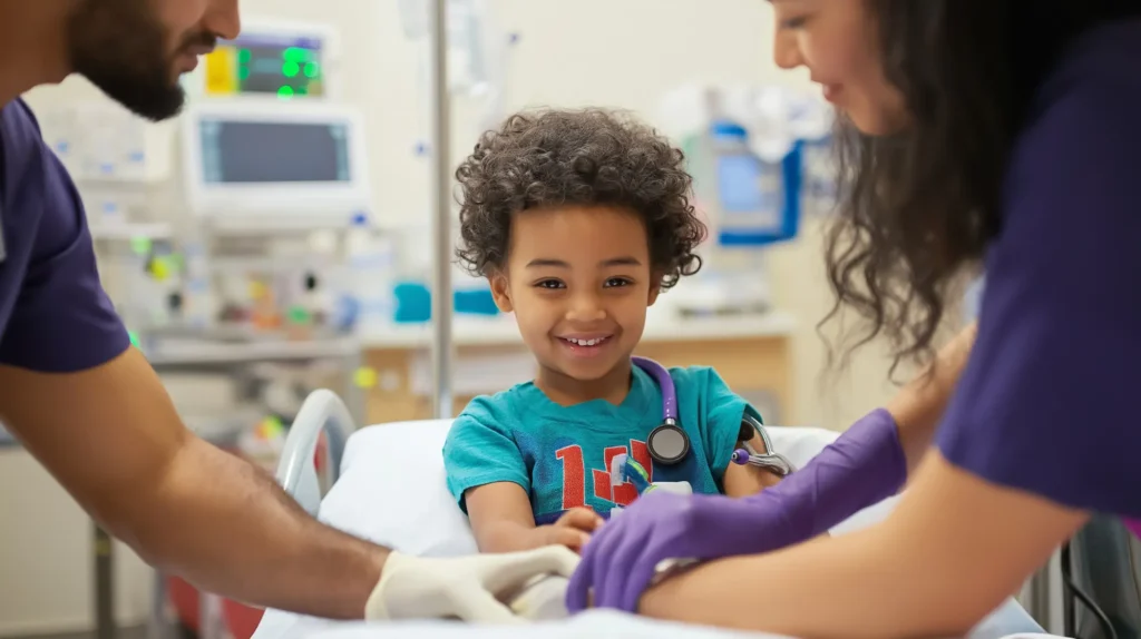 Smiling child with a caregiver during pediatric care